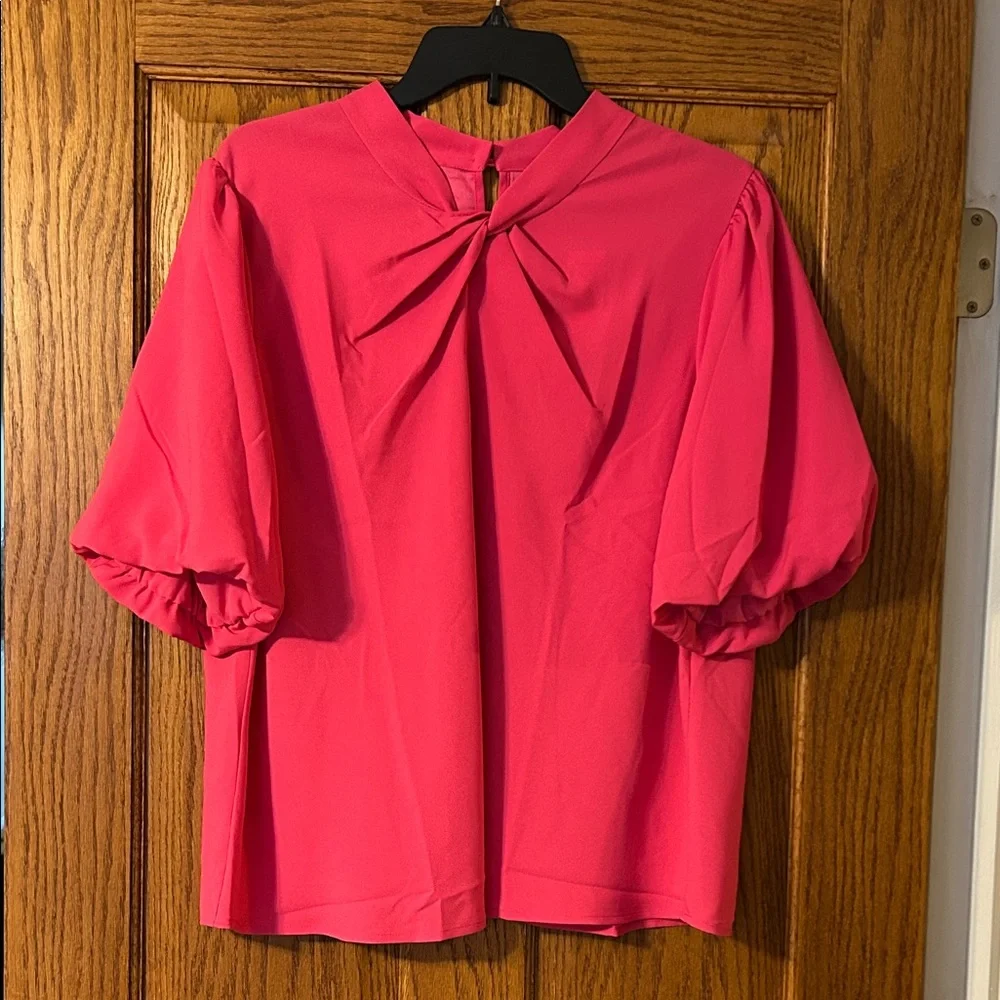 LOFT Bright Pink Twist-Neck Puff Sleeve Blouse